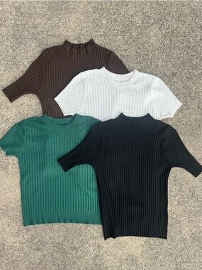 4 Ribbed Sweater Tees Bundle – Everyday Basics Brown White Black Green S/M